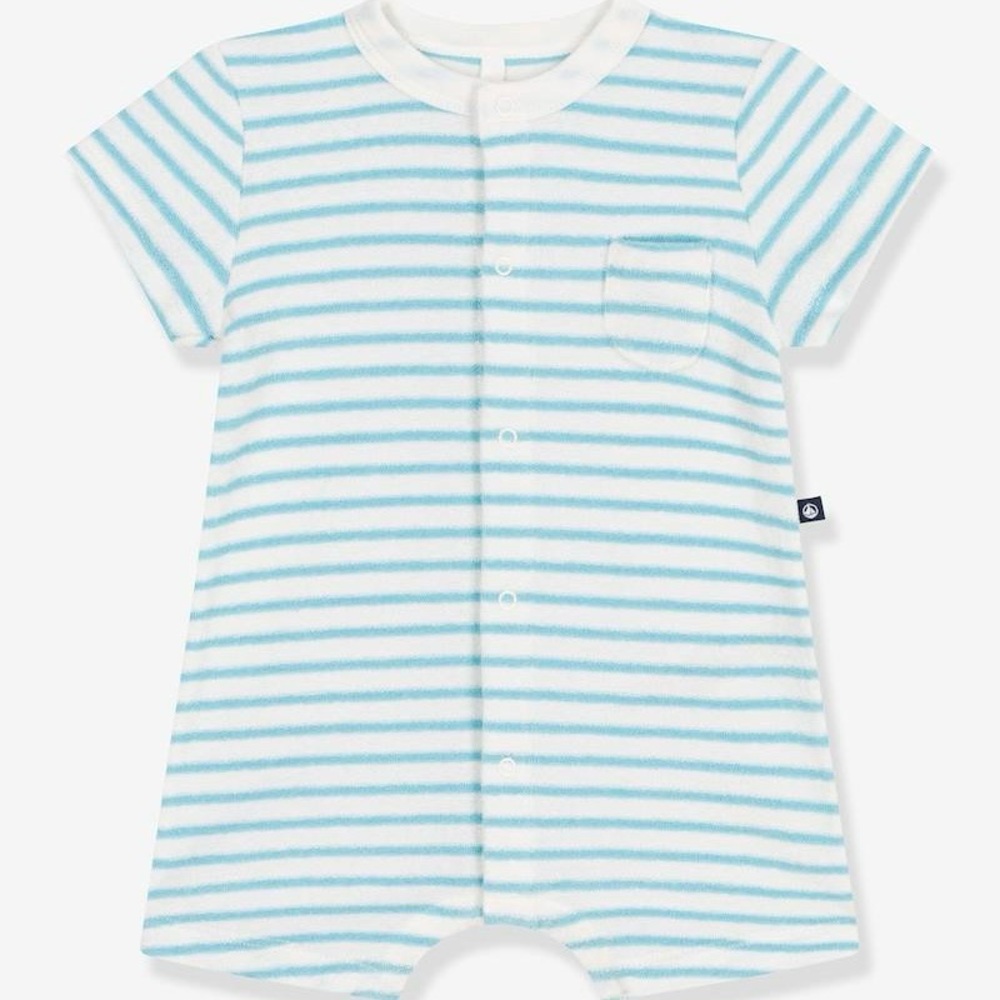 Aqua Striped Baby Romper in Terry Fabric - 6m